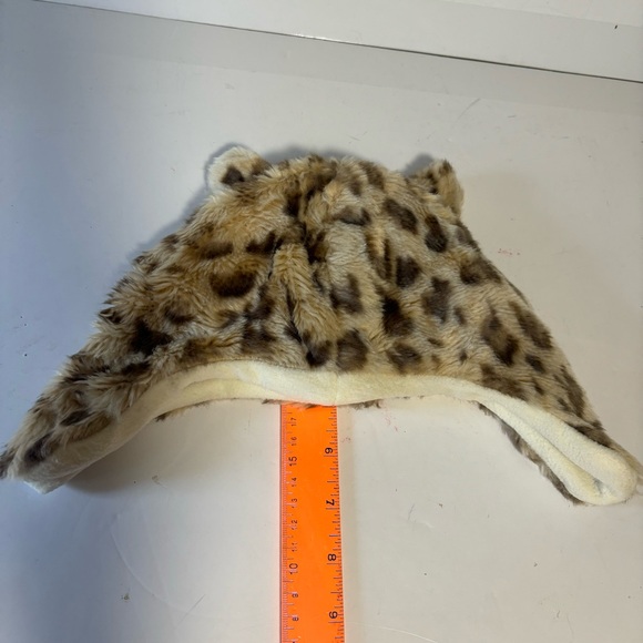 Faux fur animal print ear flaps ears tan cream fleece lined  hat cap - Picture 4 of 8